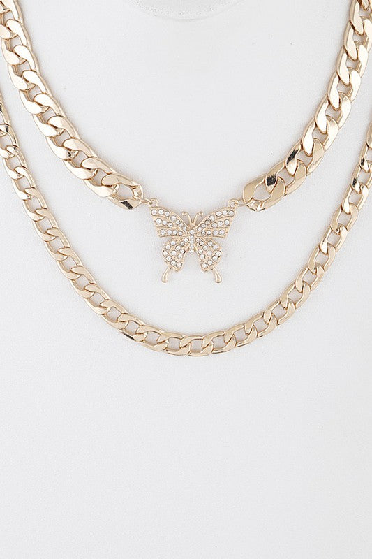 Gold Small Rhinestone Butterfly Choker Double Layered Separate Jewelry